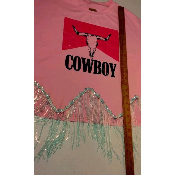 Cowboy T Shirt Large Pink Cropped Silver Fringe Western Cowgirl Crop Top - Picture 7 of 15